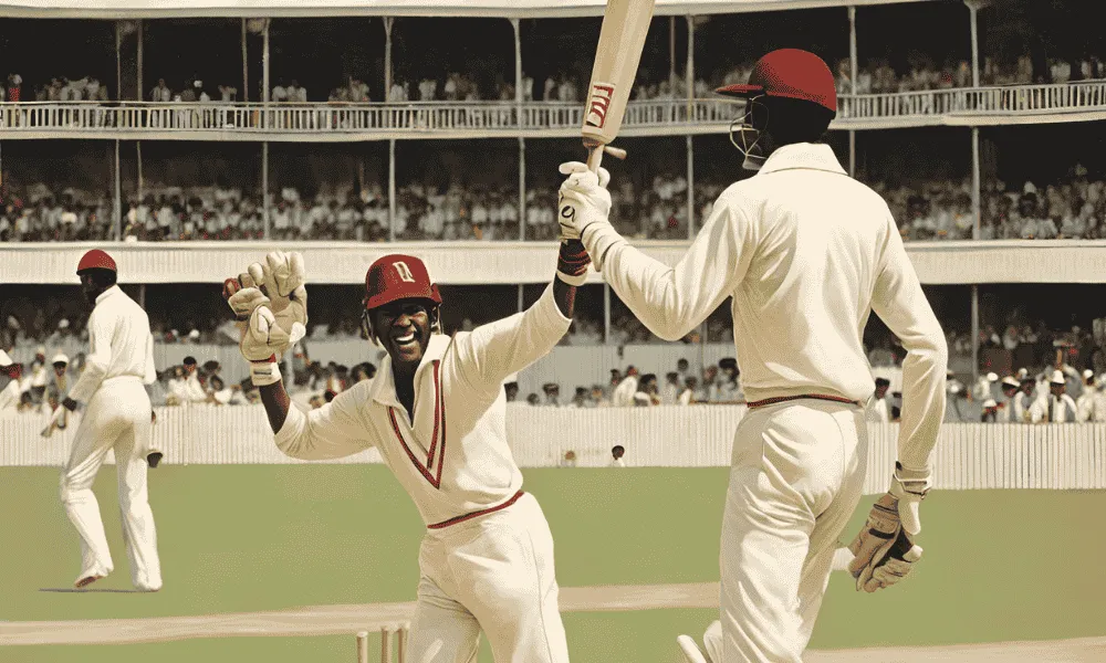 A vintage cricket scene from the 1970s featuring Lawrence Rowe celebrating his record-breaking debut innings of 302. - Unfiltered Cricket - Cricket Unfiltered